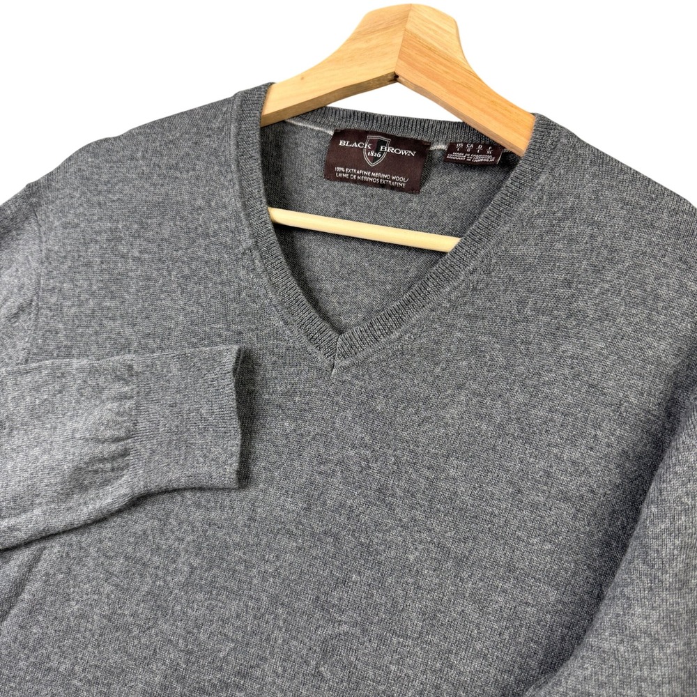 Black Brown 1826 Mens Gray 100% Extrafine Merino Wool V-Neck Sweater Large